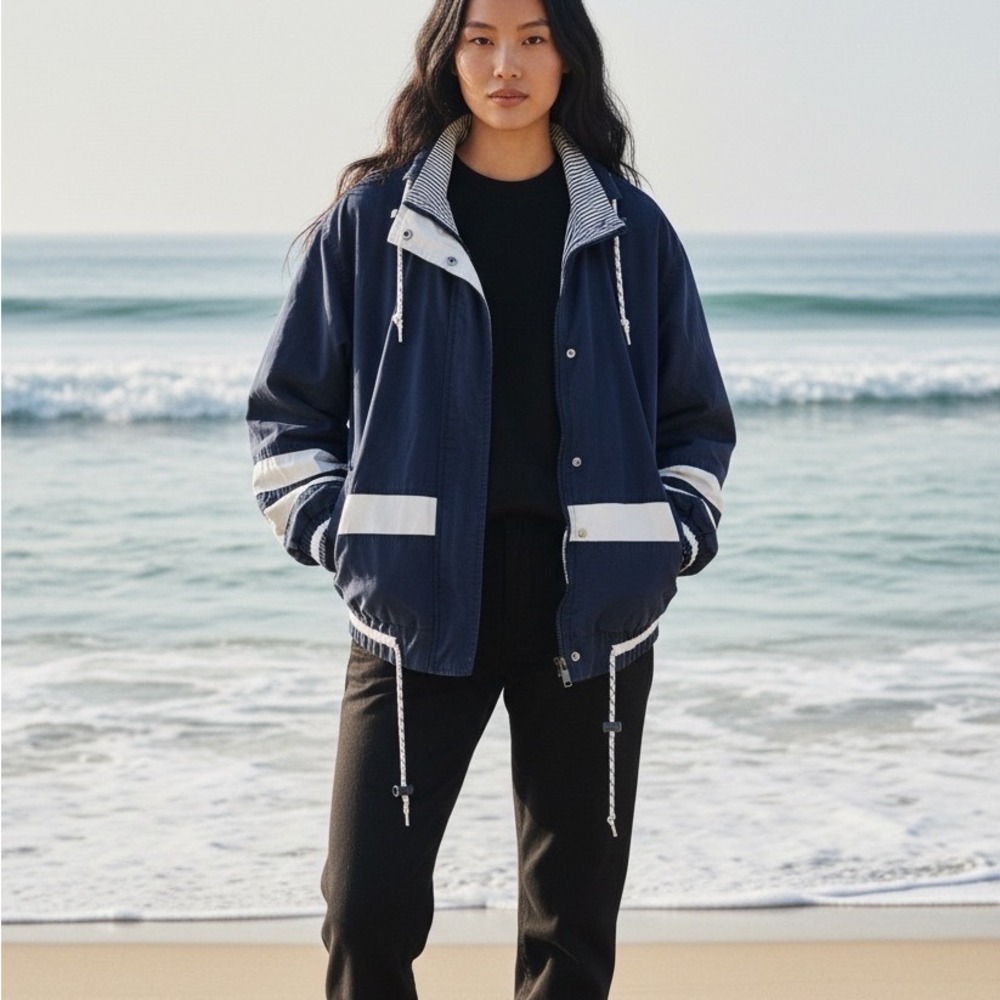 Izzi Spirit Vintage Nautical Sailing Jacket Navy Blue White Striped Hooded M